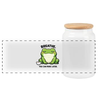 Coffee Frog of Tranquility - Panoramic Cookie Jar with Wooden Lid - white - Front