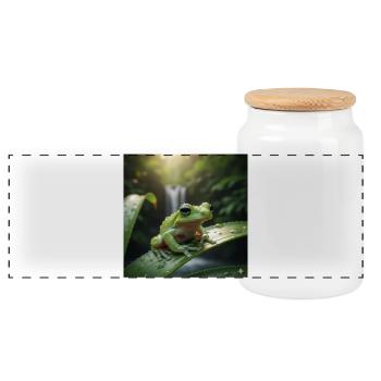 Green Frog on Leaf – Forest World - Panoramic Cookie Jar with Wooden Lid - white - Front