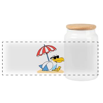 Sunny Beach Seagull with Umbrella - Panoramic Cookie Jar with Wooden Lid - white - Front