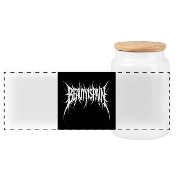 BeautyPain Jagged Black Metal Logo - Panoramic Cookie Jar with Wooden Lid - white - Front