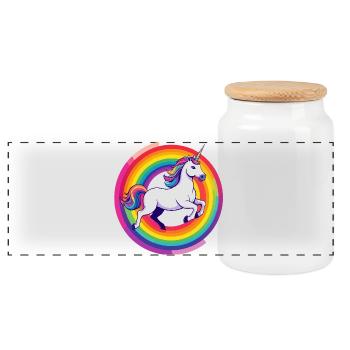 Regenbogen Unicorn Einhorn springt Kreis Motiv - Panorama Keksdose mit Holzdeckel - Weiß - Vorne