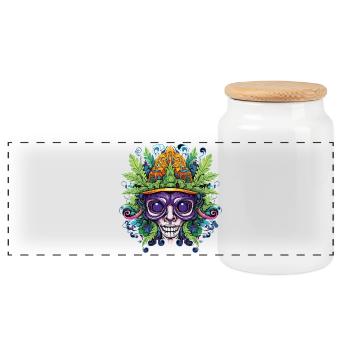 Psychedelischer Schädel mit Blattkrone - Panorama Keksdose mit Holzdeckel - Weiß - Vorne