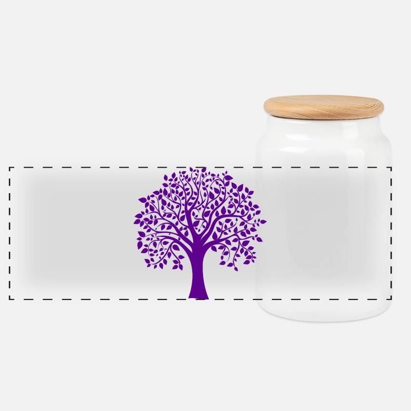Grundsilhouette mit lila Jumbo-Baummuster - Panorama Keksdose mit Holzdeckel - Weiß