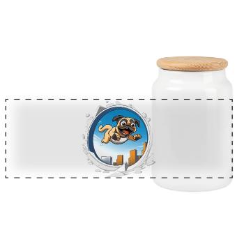 Pug Sprinter in the city run - Panoramic Cookie Jar with Wooden Lid - white - Front