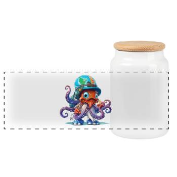 Oktopus Entdecker mit Weltkartenhelm - Panorama Keksdose mit Holzdeckel - Weiß - Vorne