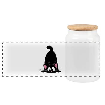 Katze auf der Lauer | Süßes Peekaboo Katzen Motiv - Panorama Keksdose mit Holzdeckel - Weiß - Vorne