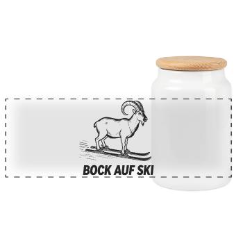 Bock auf Ski Lustiger Steinbock für Skifahrer - Panorama Keksdose mit Holzdeckel - Weiß - Vorne