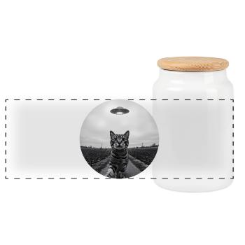 Funny UFO Space Cat Alien Design - Panoramic Cookie Jar with Wooden Lid - white - Front