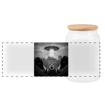 Funny UFO Space Cat Alien Design - Panoramic Cookie Jar with Wooden Lid - white - Front