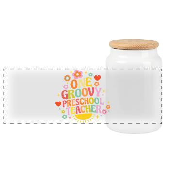 Groovy Vorschul Lehrerin mit Herz und Blumen - Panorama Keksdose mit Holzdeckel - Weiß - Vorne