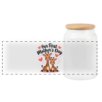 First Mother's Day Giraffe Duo - Panoramic Cookie Jar with Wooden Lid - white - Front