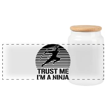 Vertrau mir, ich bin ein Ninja, lustiges Sonnenuntergangsdesign - Panorama Keksdose mit Holzdeckel - Weiß - Vorne