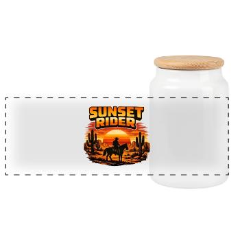 Sunset Rider – Western Cowboy at sunset - Panoramic Cookie Jar with Wooden Lid - white - Front
