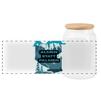 Alpine pastures instead of palm trees – mountain landscape - Panoramic Cookie Jar with Wooden Lid - white - Front