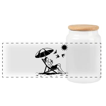 Relaxing in a deck chair on the beach - Panoramic Cookie Jar with Wooden Lid - white - Front