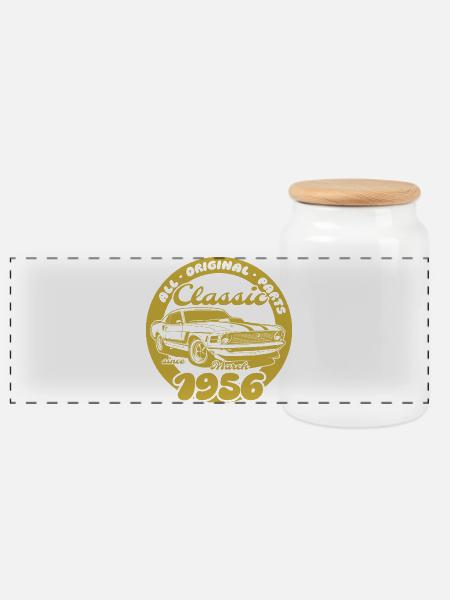 70. Geburtstag - Klassiker Musclecar 03/1956 - Panorama Keksdose mit Holzdeckel - Weiß