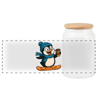 Schneepinguin mit Kaffee und Schal - Panorama Keksdose mit Holzdeckel - Weiß - Vorne