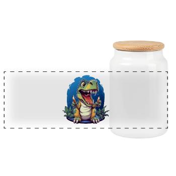 Dino Candle Hero – Cartoon T-Rex Fire Moments - Panoramic Cookie Jar with Wooden Lid - white - Front