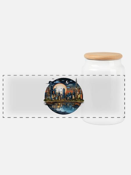 Abendsonnenstadt Skyline CirkelDesign - Panorama Keksdose mit Holzdeckel - Weiß