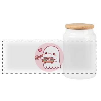 Cute Little Ghost Loves Sushi Rolls - Panoramic Cookie Jar with Wooden Lid - white - Front