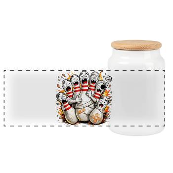 Lustige Bowlingkegel mit Angst vor der Kugel  - Panorama Keksdose mit Holzdeckel - Weiß - Vorne