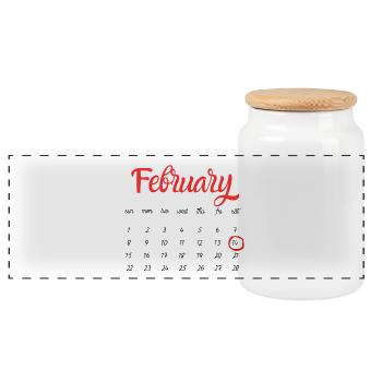 February Calendar in Red Script -Valentine's Day - Panoramic Cookie Jar with Wooden Lid - white - Front