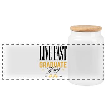 Graduation Ceremony Yellow Typography - Panoramic Cookie Jar with Wooden Lid - white - Front
