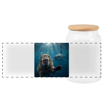 Selfie sous-marin de capybara avec un requin - Boîte à biscuits avec couvercle en bois - blanc - Devant