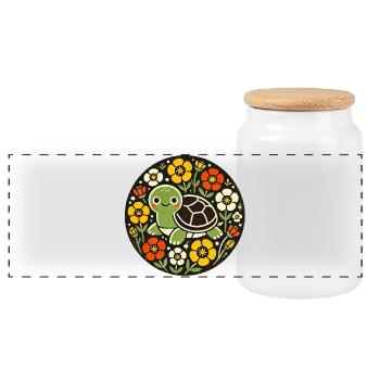 Tiny Turtle Amid Floral Circle - Panoramic Cookie Jar with Wooden Lid - white - Front