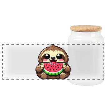 Cute Sloth Cartoon Kawaii Watermelon Summer - Panoramic Cookie Jar with Wooden Lid - white - Front