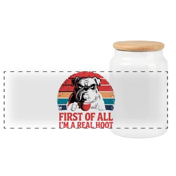 First Of All I'm A Real Hoot Bulldog Coffee - Panoramic Cookie Jar with Wooden Lid - white - Front