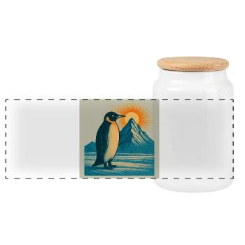 Pinguin im Sonnenaufgang am Bergmeer - Panorama Keksdose mit Holzdeckel - Weiß - Vorne