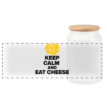 KEEP CALM AND EAT CHEESE, CHEESE JUNKIE GIFT 🧀 - Panoramic Cookie Jar with Wooden Lid - white - Front