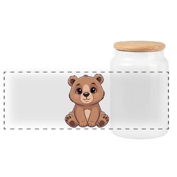 Cuddly Bear Cartoon - Cute Brown - Panoramic Cookie Jar with Wooden Lid - white - Front