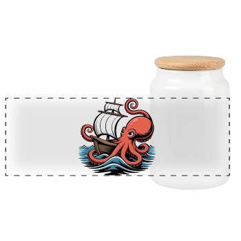 Octopus Entwines Sailing Ship Squid Ship - Panoramic Cookie Jar with Wooden Lid - white - Front