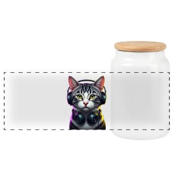 KatzenDJ Neon Kopfhörer Music lover cat - Panorama Keksdose mit Holzdeckel - Weiß - Vorne