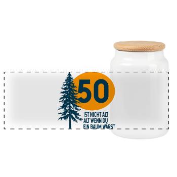 50th Birthday Gift Tree - Panoramic Cookie Jar with Wooden Lid - white - Front