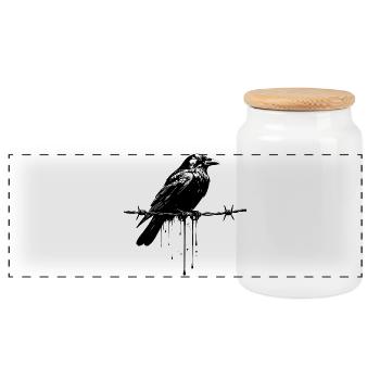 Raven on Barbed Wire Ink - Panoramic Cookie Jar with Wooden Lid - white - Front