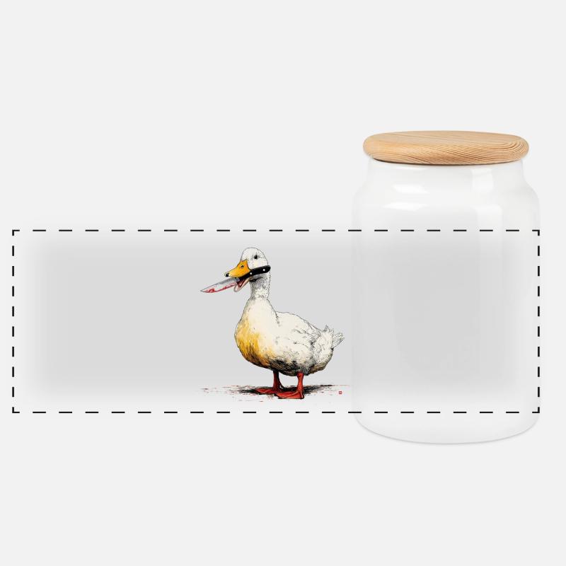 Duck with knife in its beak - Panoramic Cookie Jar with Wooden Lid - white