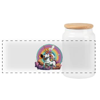 Rainbow Unicorn with Trumpet - Panoramic Cookie Jar with Wooden Lid - white - Front