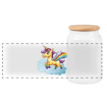 Regenbogen-Einhorn auf Wolke - Panorama Keksdose mit Holzdeckel - Weiß - Vorne