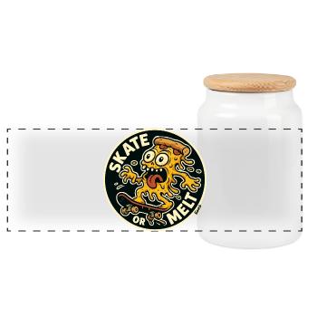 Pizza und Käse Monster auf Skateboard - Panorama Keksdose mit Holzdeckel - Weiß - Vorne