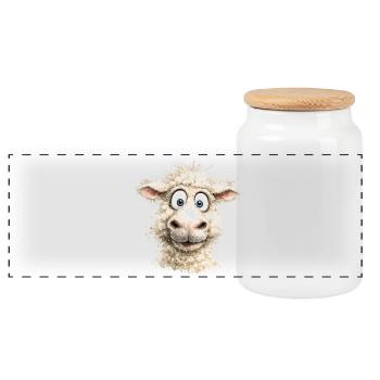 Laughing Sheep Cartoon Pop - Panoramic Cookie Jar with Wooden Lid - white - Front