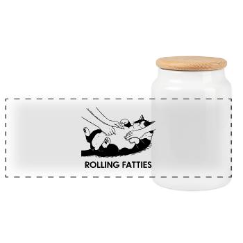 Rolling Fatties - Funny Fat Cat Design - Panoramic Cookie Jar with Wooden Lid - white - Front