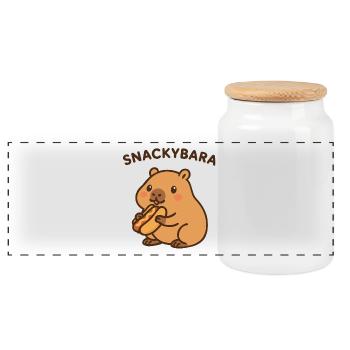 Snackybara – Capybara mit Hotdog - Panorama Keksdose mit Holzdeckel - Weiß - Vorne