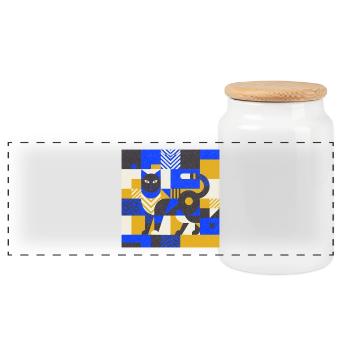 Katz-Mosaik in Blau-Gold - Panorama Keksdose mit Holzdeckel - Weiß - Vorne