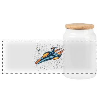 Retro futuristic spaceship moving fast into space - Panoramic Cookie Jar with Wooden Lid - white - Front