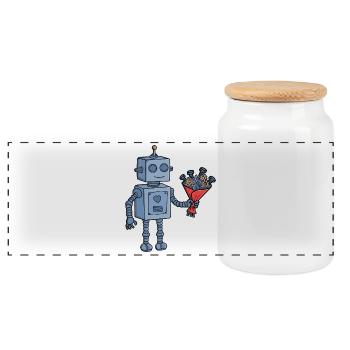 Robot de la Saint-Valentin mignon avec bouquet d’engrenages mécaniques - Boîte à biscuits avec couvercle en bois - blanc - Devant