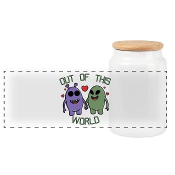 Out of This World Alien Couple Holding Hands - Panoramic Cookie Jar with Wooden Lid - white - Front