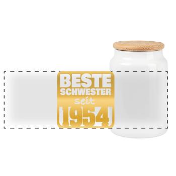 Born in 1954 - Panoramic Cookie Jar with Wooden Lid - white - Front